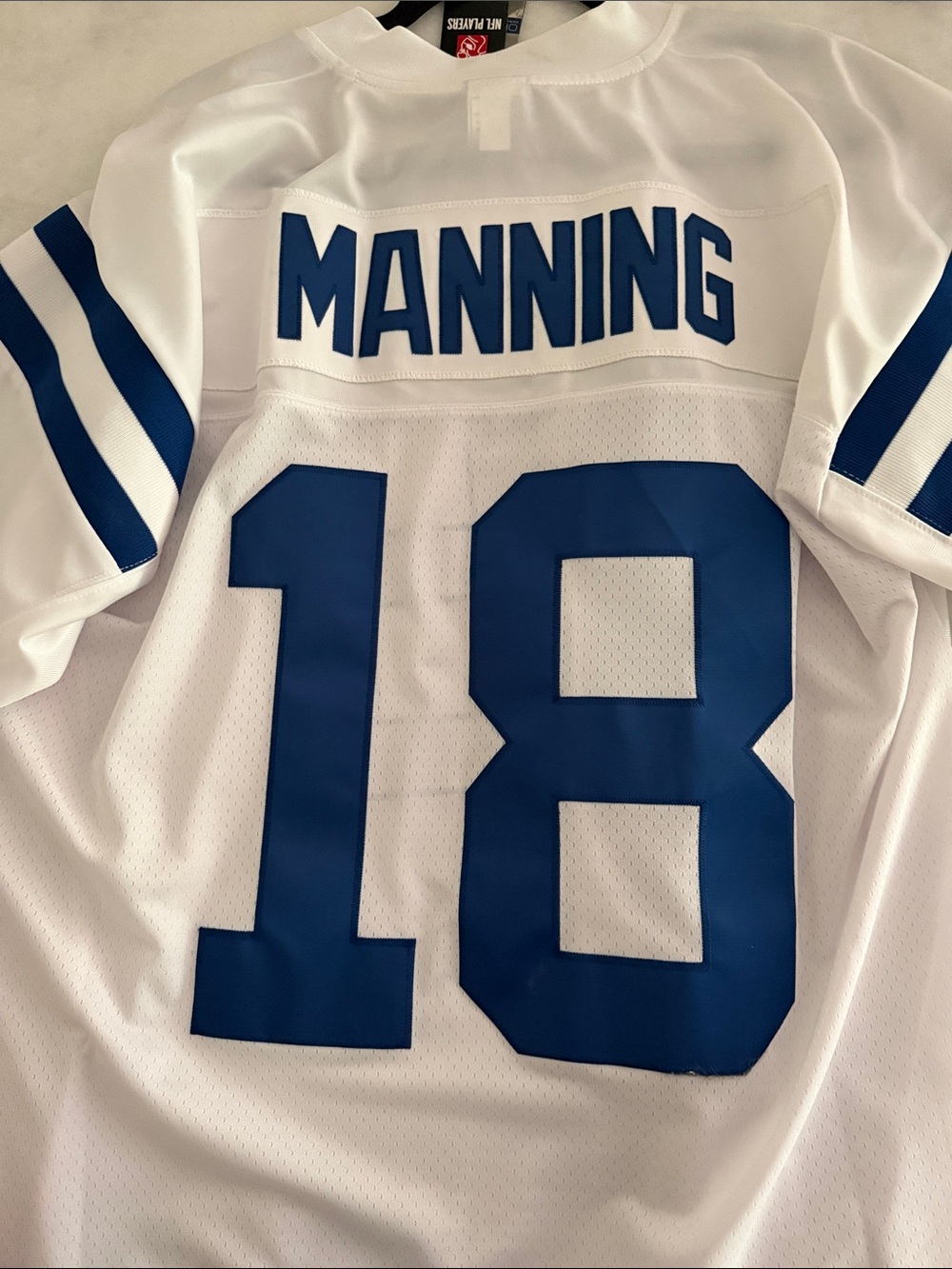 Peyton Manning Reebok White Football Jersey with Blue 18 and Sleeve Stripe